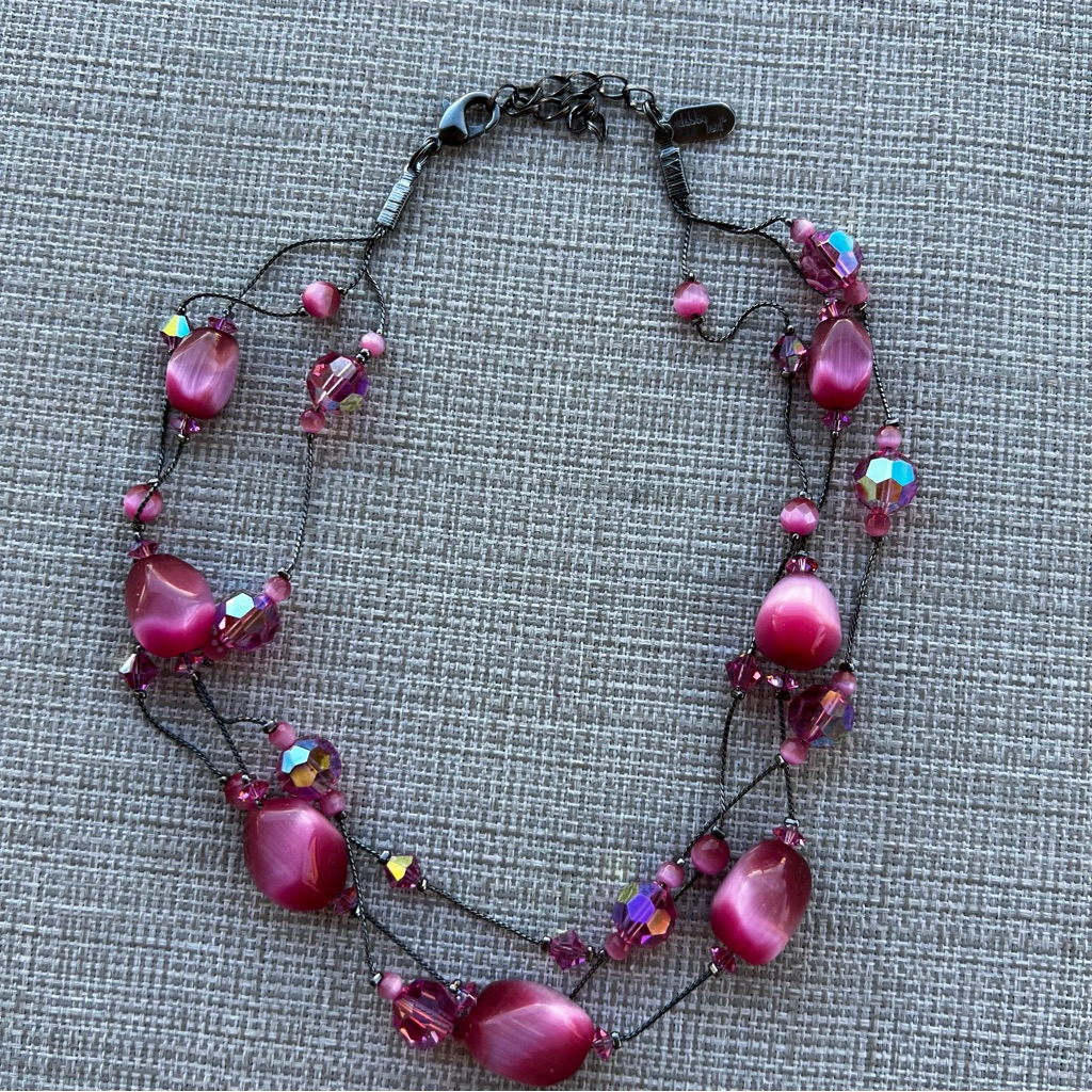 Vintage Dabby Reid Pink Cat's Eye Crystal Beaded Black Tone 3 Strand Necklace